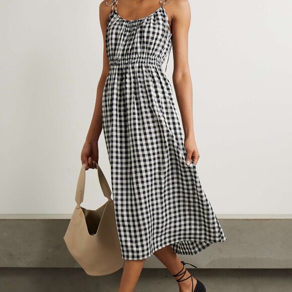 DOEN  leslie tie-detailed smocked gingham voile midi dress - black - Picture 1 of 12